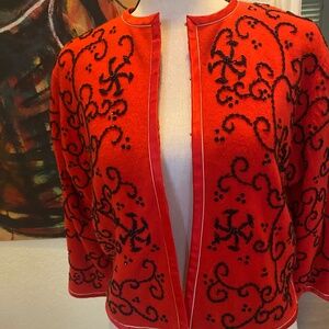 Mohan's Ltd Vintage Red Sweater Jacket with Black Beading 